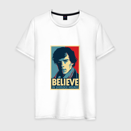 Мужская футболка из хлопка с принтом Believe in Sherlock, вид спереди №1