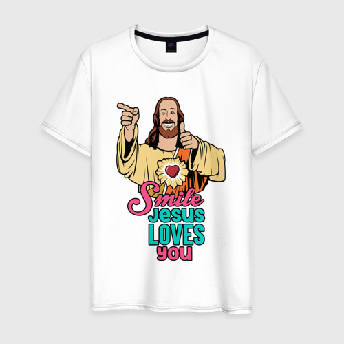 Мужская футболка из хлопка с принтом Jesus Christ love u, вид спереди №1