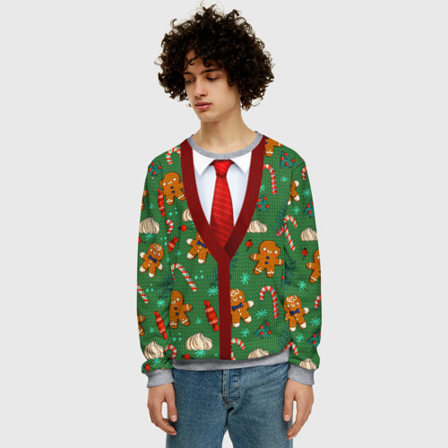 Мужской свитшот 3D Новогодний свитер с печеньками, цвет меланж - фото 3