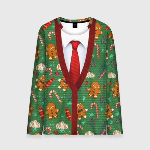 Мужской лонгслив 3D с принтом Новогодний свитер с печеньками, вид спереди #2