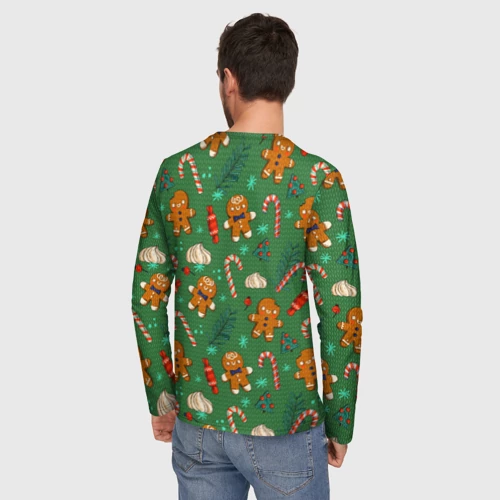 Мужской лонгслив 3D с принтом Новогодний свитер с печеньками, вид сзади #2
