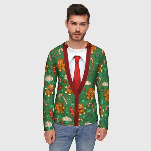 Мужской лонгслив 3D с принтом Новогодний свитер с печеньками, фото на моделе #1