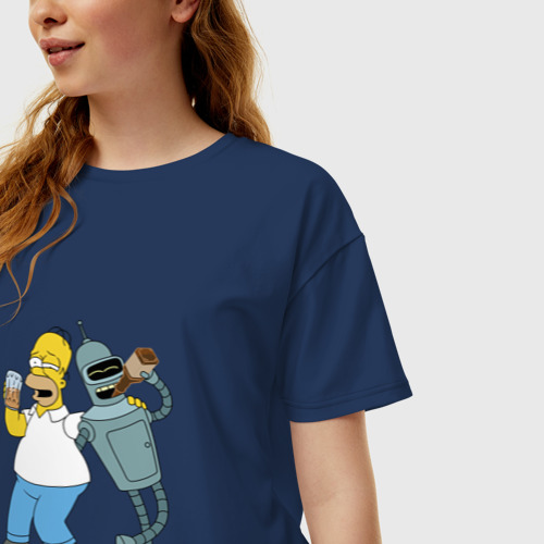 Женская футболка хлопок Oversize Drunk Homer and Bender, цвет темно-синий - фото 3