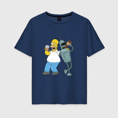 Женская футболка хлопок Oversize Drunk Homer and Bender, цвет темно-синий