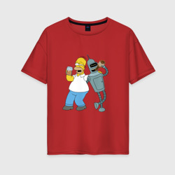 Женская футболка хлопок Oversize Drunk Homer and Bender