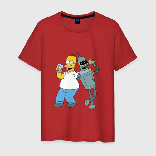 Мужская футболка хлопок Drunk Homer and Bender, цвет красный