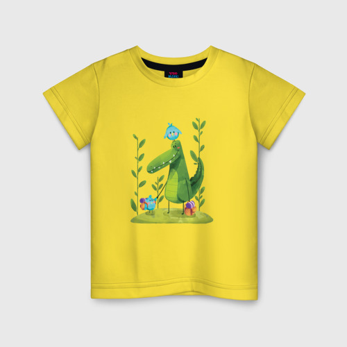 Детская футболка хлопок с принтом Крокодил и птички, вид спереди #2