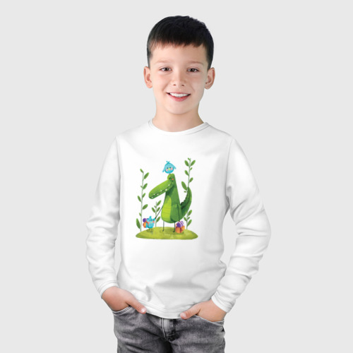 Детский лонгслив хлопок с принтом Крокодил и птички, фото на моделе #1