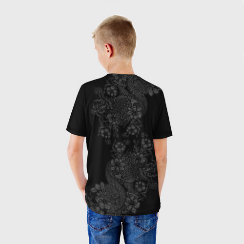 Детская футболка 3D с принтом Дракон и цветы, вид сзади #2