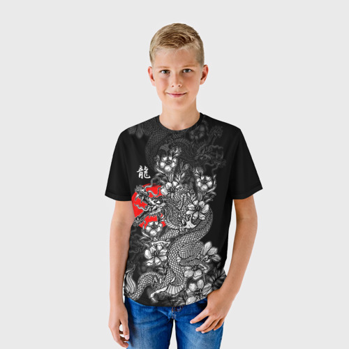 Детская футболка 3D с принтом Дракон и цветы, фото на моделе #1