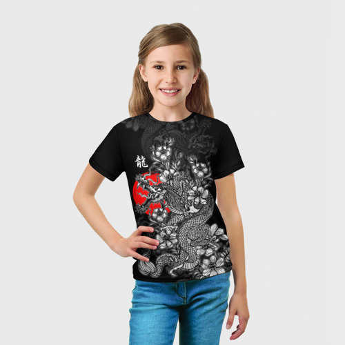 Детская футболка 3D с принтом Дракон и цветы, вид сбоку #3