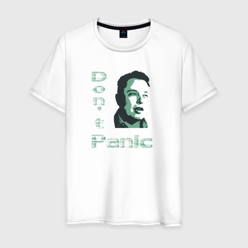Мужская футболка из хлопка с принтом Dont panic Elon Musk, вид спереди №1