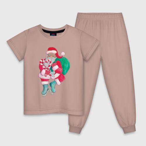 Детская пижама хлопок с принтом Санта Клаус с мешком подарков на коньках, вид спереди #2
