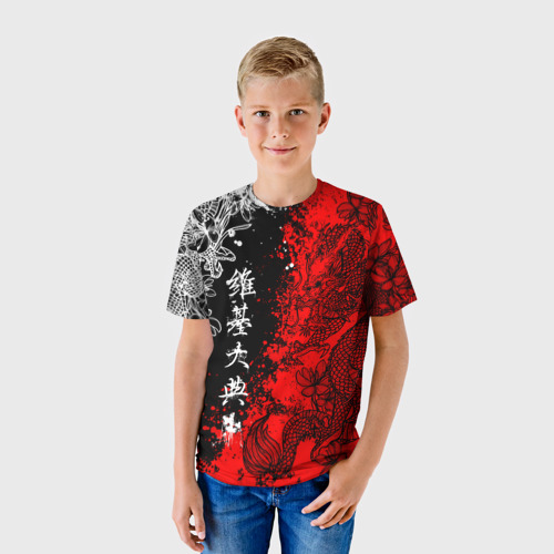Детская футболка 3D с принтом Драконы и цветы, фото на моделе #1