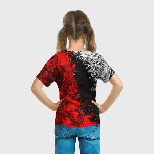 Детская футболка 3D с принтом Драконы и цветы, вид сзади #2