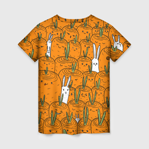 Женская футболка 3D с принтом Милые кролики в морковном поле, вид сзади #1