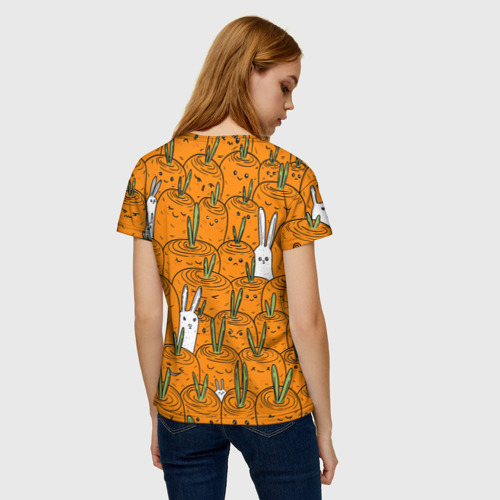 Женская футболка 3D с принтом Милые кролики в морковном поле, вид сзади #2
