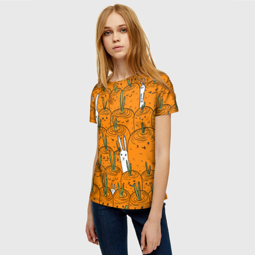 Женская футболка 3D с принтом Милые кролики в морковном поле, фото на моделе #1