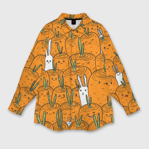 Женская рубашка oversize 3D с принтом Милые кролики в морковном поле, вид спереди #2
