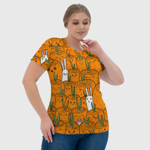 Женская футболка 3D с принтом Милые кролики в морковном поле, фото #4