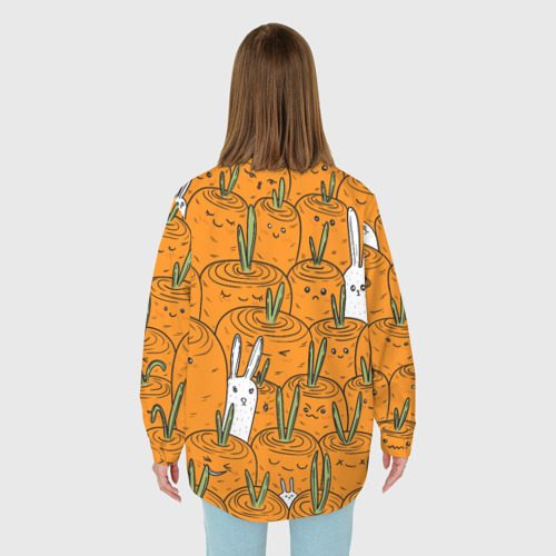 Женская рубашка oversize 3D с принтом Милые кролики в морковном поле, вид сзади #2