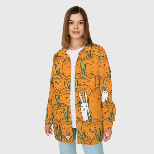 Женская рубашка oversize 3D с принтом Милые кролики в морковном поле, фото на моделе #1