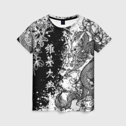 Женская футболка 3D Цветы и драконы