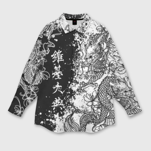 Женская рубашка оверсайз с принтом Цветы и драконы, вид спереди №1