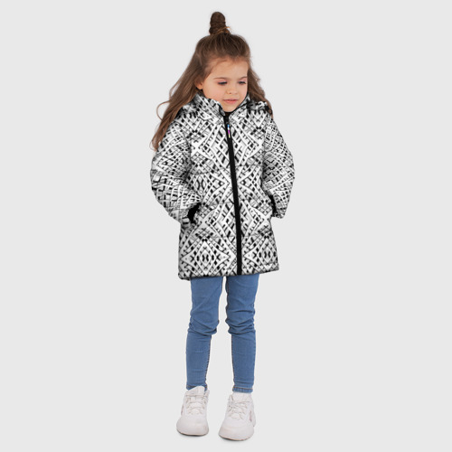 Зимняя куртка для девочек 3D с принтом Геометрический узор в серо белых тонах, вид сбоку #3