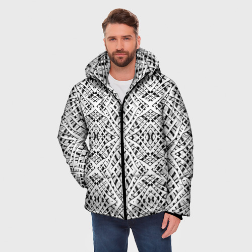 Мужская зимняя куртка 3D с принтом Геометрический узор в серо белых тонах, фото на моделе #1
