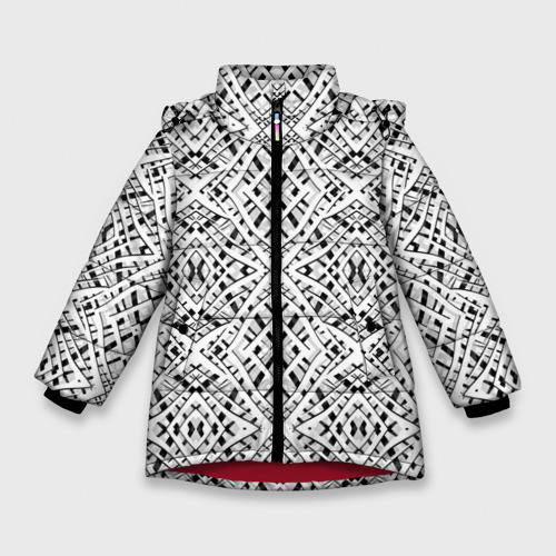 Зимняя куртка для девочек 3D с принтом Геометрический узор в серо белых тонах, вид спереди #2