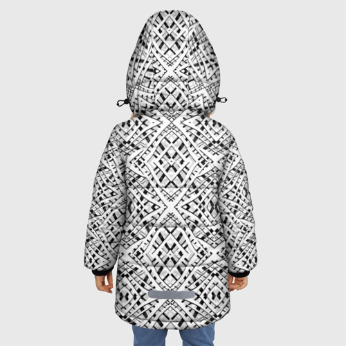 Зимняя куртка для девочек 3D с принтом Геометрический узор в серо белых тонах, вид сзади #2