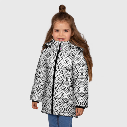 Зимняя куртка для девочек 3D с принтом Геометрический узор в серо белых тонах, фото на моделе #1