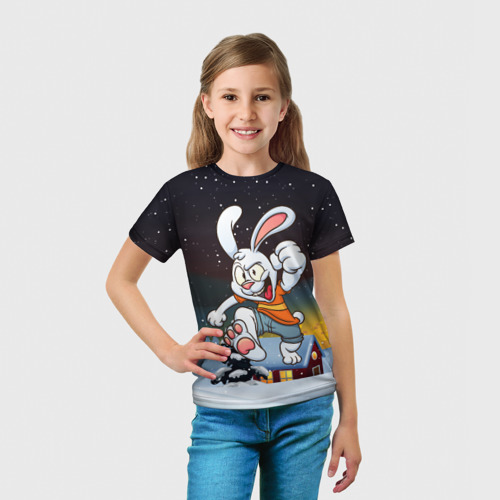 Детская футболка 3D с принтом Счастливый   заяц  2023, вид сбоку #3