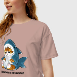 Женская футболка хлопок Oversize Грустный котёнок в костюме акулы - фото 2