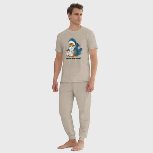 Мужская пижама хлопок Грустный котёнок в костюме акулы, цвет миндальный - фото 5