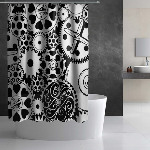 Штора 3D для ванной Шестеренки в черно-белом стиле - фото 2