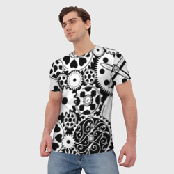 Мужская футболка 3D Шестеренки в черно-белом стиле - фото 2