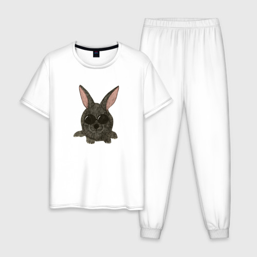 Мужская пижама хлопок с принтом Черный кролик в очках, вид спереди #2