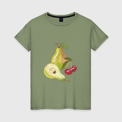 Женская футболка хлопок Акварельные спелые фрукты груши и вишня