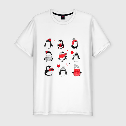 Мужская приталенная футболка из хлопка с принтом Positive penguins, вид спереди №1
