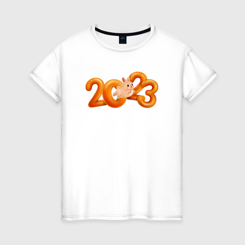 Женская футболка хлопок с принтом 2023 - надпись с кроликом, вид спереди #2
