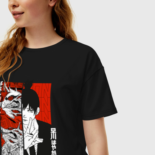Женская футболка хлопок Oversize Аки и демон лисы, цвет черный - фото 3