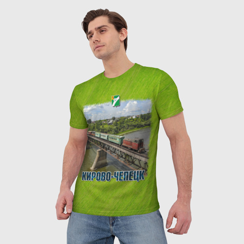 Мужская футболка 3D Кирово-Чепецк - узкоколейный поезд едет по мосту, цвет 3D печать - фото 3