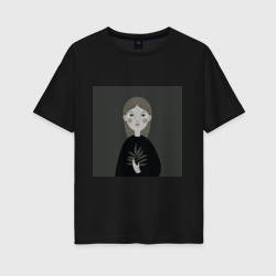 Женская футболка хлопок Oversize Мультяшная девочка с растением в руке