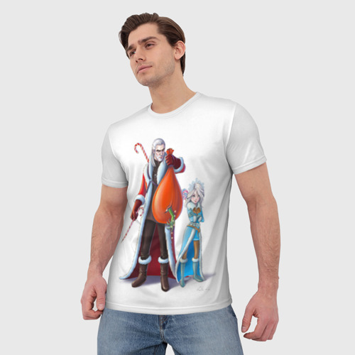 Мужская футболка 3D Новогодние Геральт Санта и Цири снегурка, цвет 3D печать - фото 3