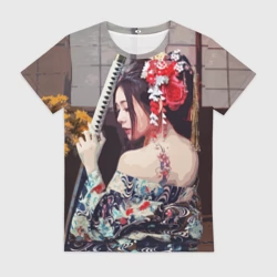 Женская футболка 3D Японская девушка с самурайским мечом