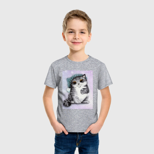 Детская футболка хлопок с принтом Новогодний котёнок, фото на моделе #1