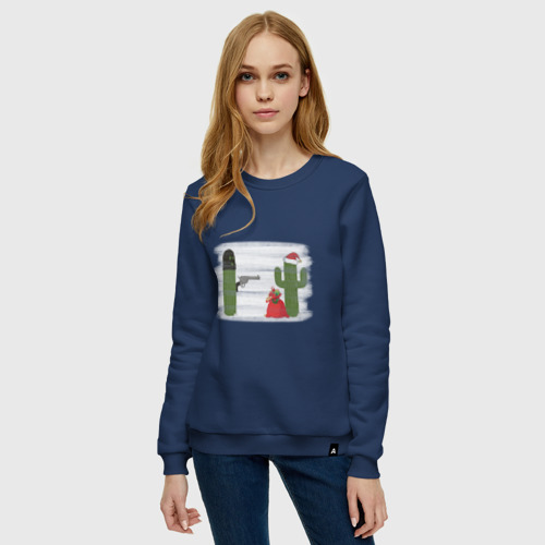 Женский свитшот хлопок с принтом Кактусы - Новогоднее ограбление, фото на моделе #1
