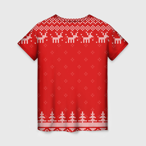 Женская футболка 3D с принтом Новогодний строитель: свитер с оленями, вид сзади #1